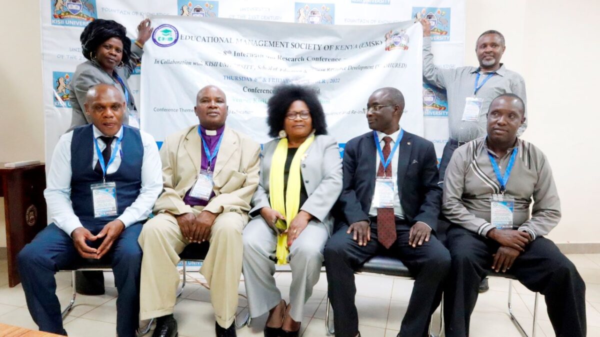The EMSK Leadership. From left: Prof Kuria Wamukuru, the EMSK Secretary, Rev Dr Eliud Nyakundi, the EMSK Chairperson, Dr Carren Olendo, the EMSK Treasurer, Prof Henry Onderi, the EMSK Conference Committee Chairperson, Dr George Areba, EMSK Conference Committee Member, Dr Flora Fedha (standing), the EMSK Deputy Chair and Dr Daniel Karanja, the EMSK Conference Committee Secretary.