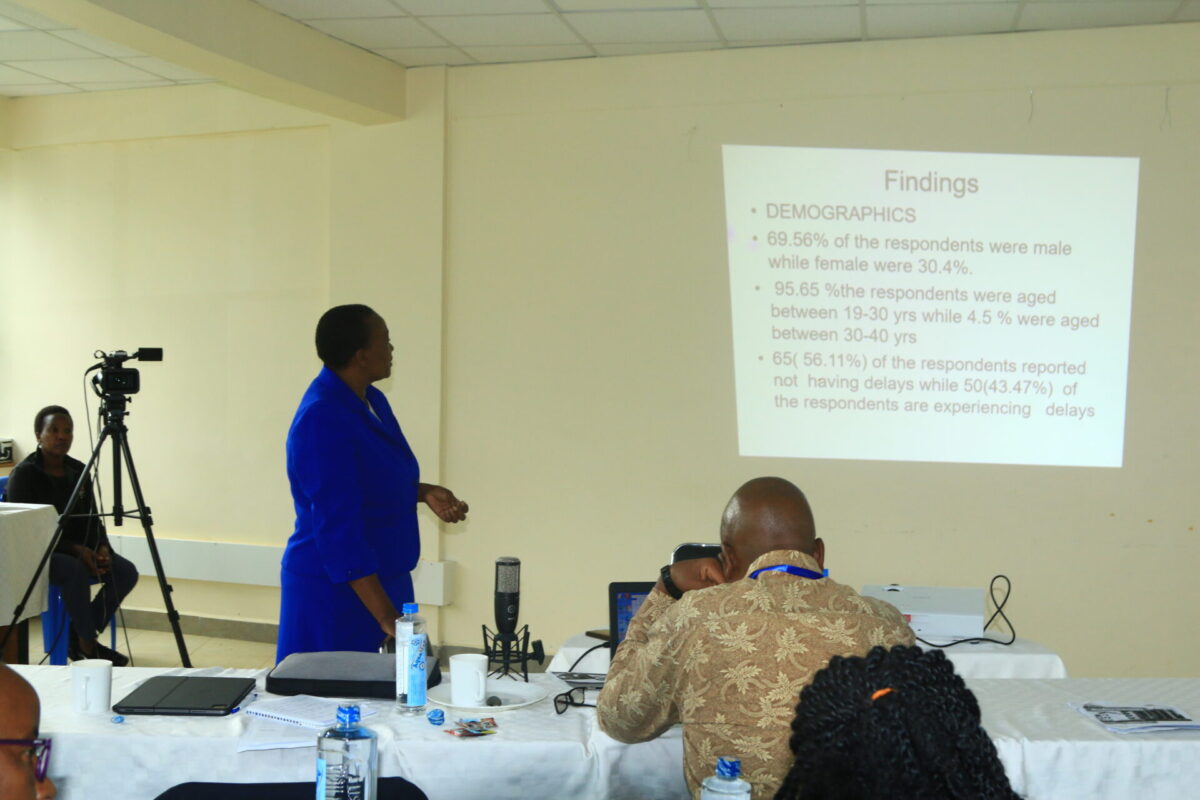 Md. Josephine Nyamwange presenting on the effects on delayed graduation on mental health among campus students. PHOTO/Kisii University Media.