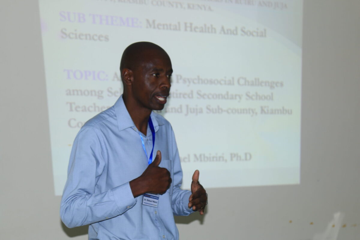 Dr Michael Mbiriri, from the Counseling Department, Kisii University, presenting a paper on the need for counselling among retirees. PHOTO/Kisii University Media.