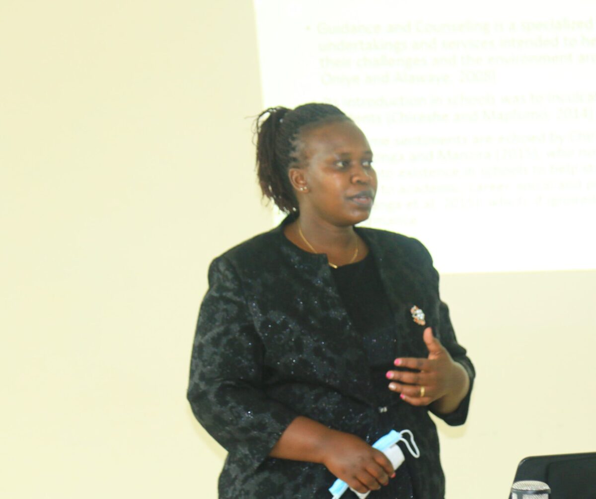 Md. Betty Tesot , a psychologist and teacher, Moi High School Kabarak, presenting her research paper on Impact of Guidance and Counselling on Early Sexual Activity among Adolescents. PHOTO/Kisii University Media.