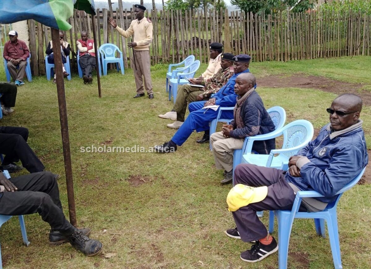 Omar addressing a local baraza and sensitizing them on human interest issues. PHOTO/Janet Kiriswo, The Scholar Media Africa.
