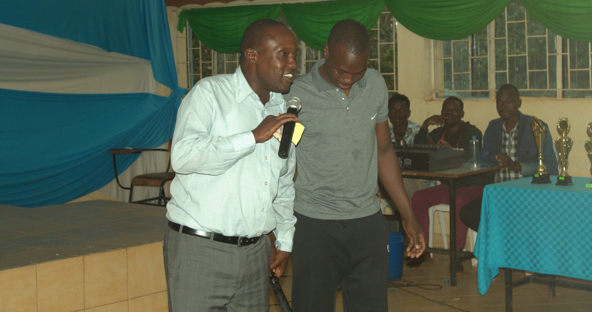 Dr. Areba consulting with one of the actors. Different lecturers gifted some of the best performers to spur them up. PHOTO/Boaz Khuteka/KSU Media.