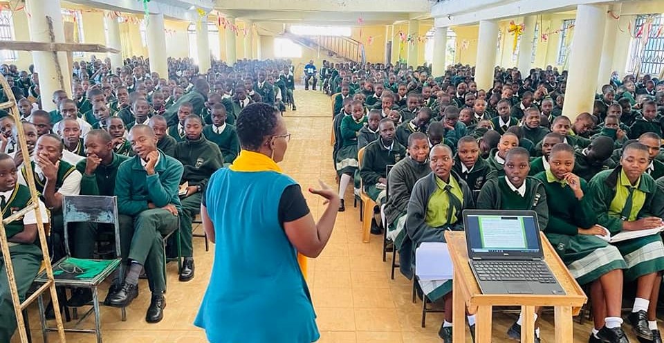 Magdalene Magangi giving a talk on mental health and careers at Mobamba High school in Kisii in April 2023. PHOTO/Courtesy.