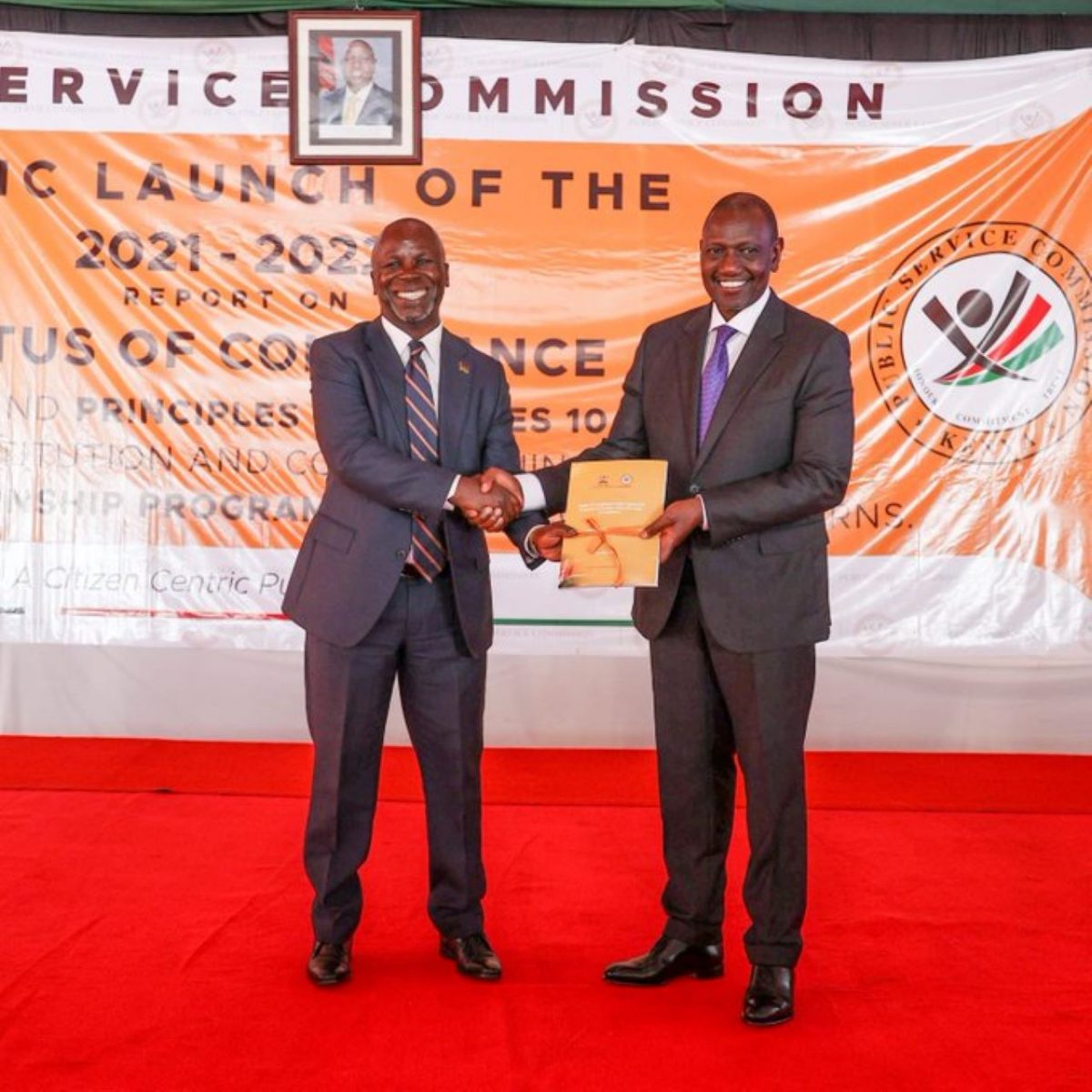 Public Service Commission Chairperson, Amb. Anthony Muchiri and President Ruto during the launch. PHOTO/Courtesy.