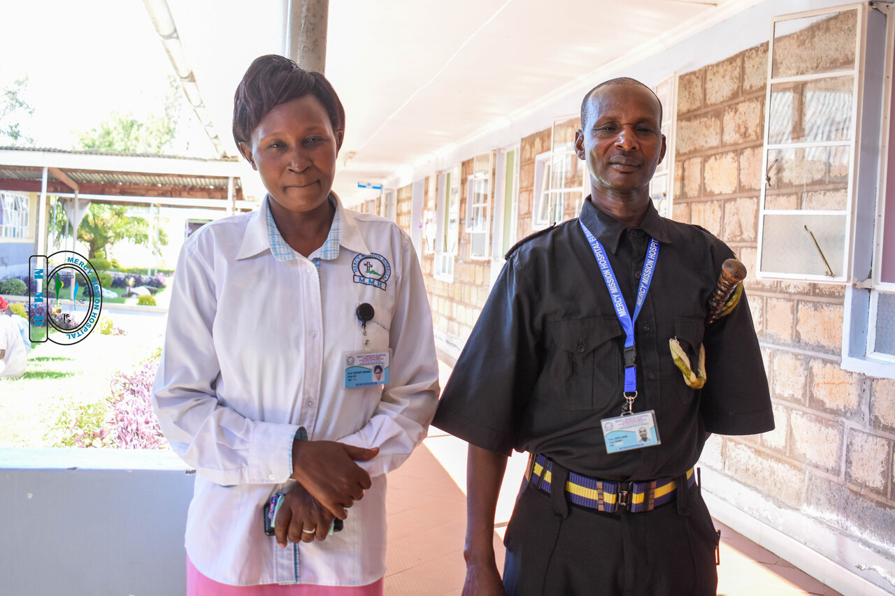 Magret Cheborgei, the First Aid Nurse who received Salva Kiir Mayardit at the hospital and stabilized him, and Joseph Lokirdi, the security person who opened the gate for them. PHOTO/MMH.