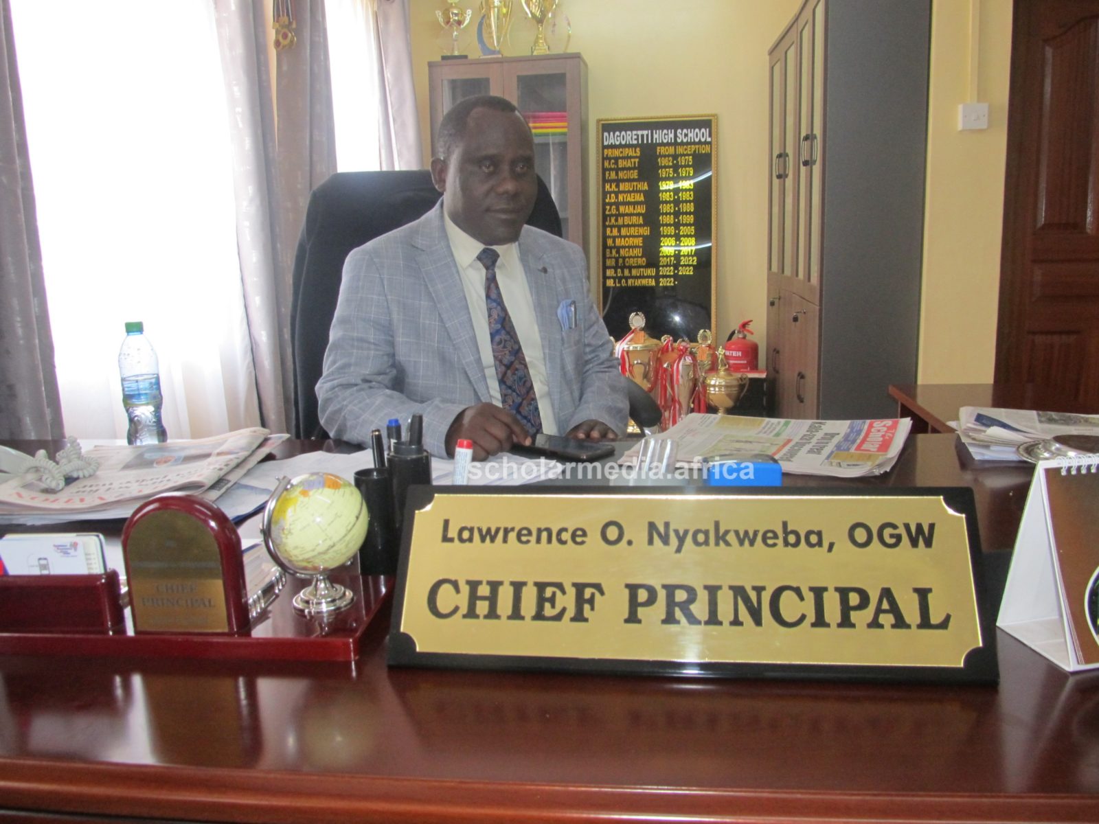 Mr. Lawrence Nyakweba, the Chief Principal, Dagoretti High School, Nairobi, at his office. PHOTO/Tebby Otieno, Scholar Media Africa.
