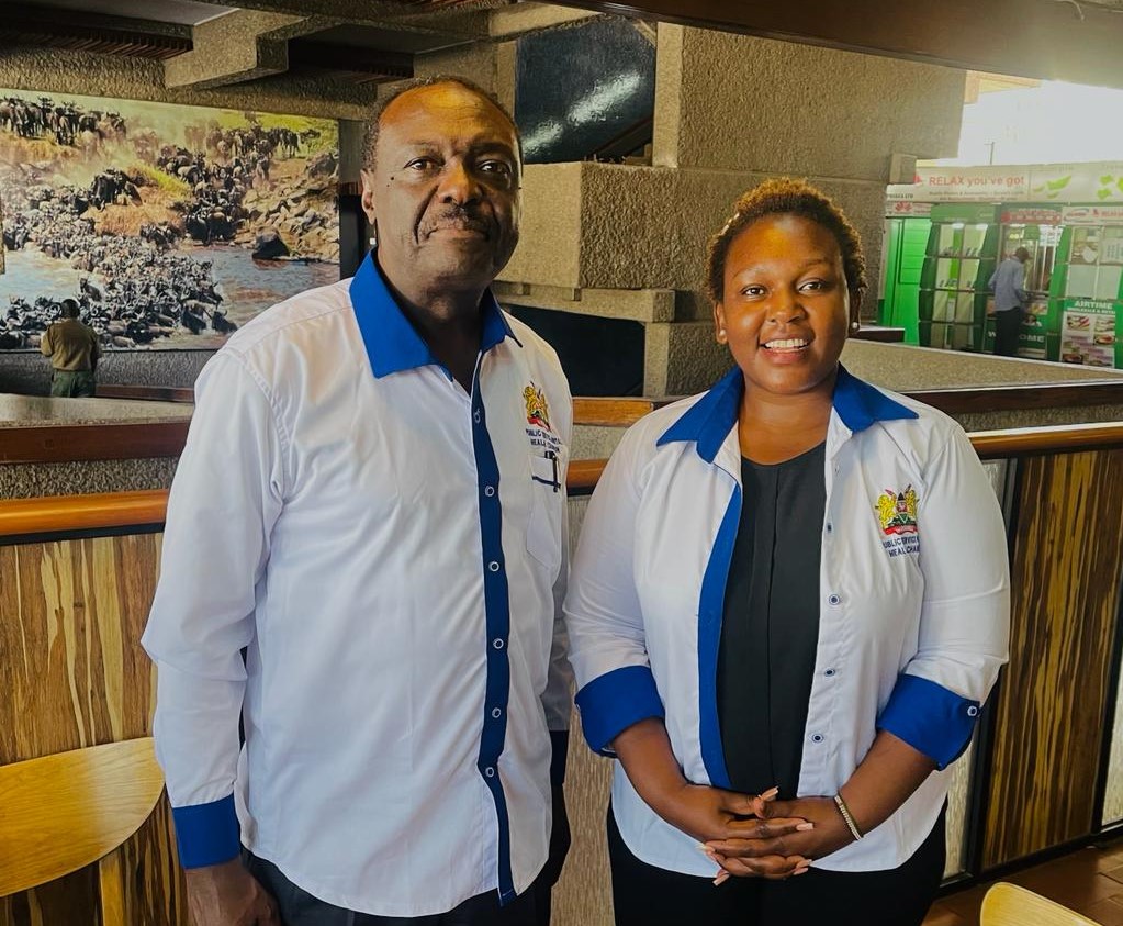 Prof. Ludeki Chweya, the Director General, Kenya School of Government (KSG), and Edinah Kangwana, during the commissioning of over 400 Mental health champions by the Ministry of Public Service at KICC in March 2023. KSG is collaborating with the Ministry of Public Service in training and capacity building. PHOTO/Courtesy. 