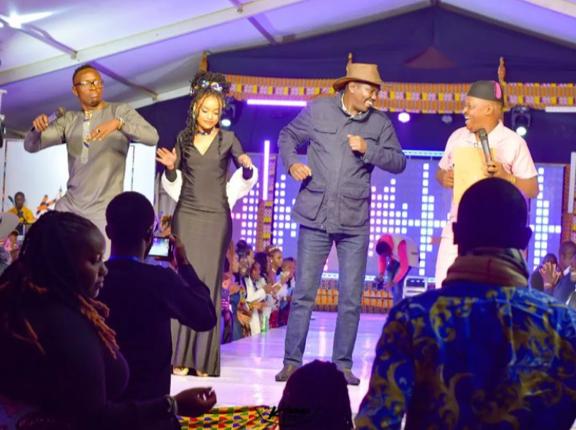 Uasin Gishu Senator Jackson Mandago, on stage with MC Kiptabut during the awards gala at Rupas Mall Eldoret. PHOTO/Courtesy. 