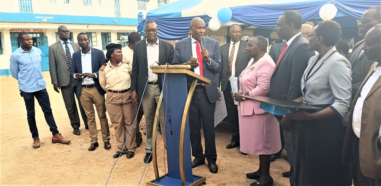 Education Cabinet Secretary Ezekiel Machogu addresses the media after visiting Tombe Girls on May 30, 2023. PHOTO/Tombe Girls. 