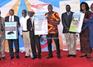 Language and Research: Jubilation as scholars launch books, dictionary From left: Dr. Peter Mose, Prof. John Akama, Dr. Evans Mecha, Mzee Peter Getenga, Dr. Peter Otieno, Prof. Nicolas Makana, Dr. Marion Onyambu and Dr. Prisca Tanui hold their two books and a dictionary during the launch on May 31, 2023 at Kisii University. PHOTO/Boaz Khuteka, Scholar Media Africa.